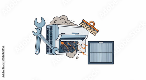 Cartoon illustration depicting air conditioner cleaning, showing tools, dirt, and a dirty filter