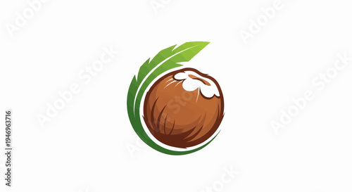 A vibrant illustration featuring a brown coconut, partially encircled by a lush green palm leaf on white