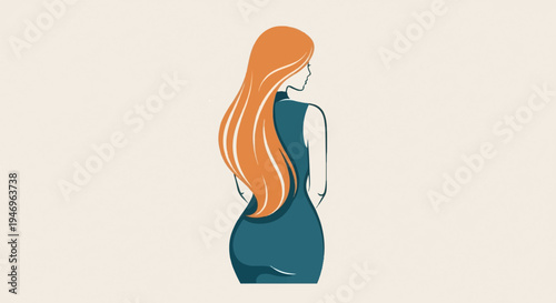 Minimalist illustration of a woman from behind with long reddish-orange hair and a teal dress