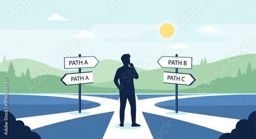 Man standing at crossroads decision.