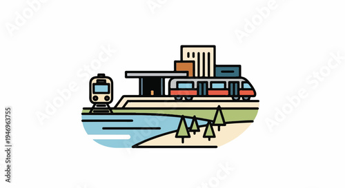 Colorful cartoon illustration of a train arriving at a station next to a body of water with trees