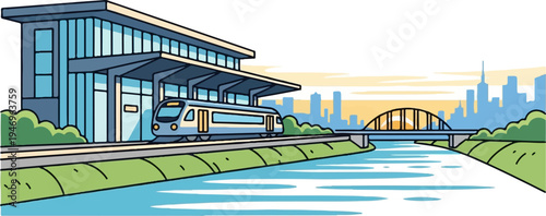 Illustration of a modern train station by a river with a city skyline and bridge at sunset