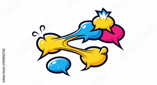 Colorful comic-style speech bubbles and explosive elements depicting communication or a dynamic exchange