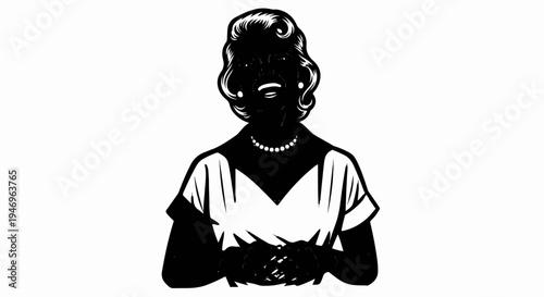 Black silhouette of a smiling woman with curly hair, pearl necklace, and clasped hands, against white