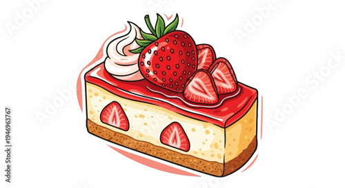 A cartoon slice of strawberry cheesecake with a graham cracker crust, jam topping, and fresh fruit