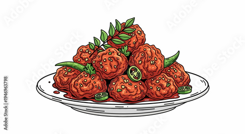 Illustration of a plate piled high with vibrant orange-red spiced fried snacks, garnished with green leaves and chili