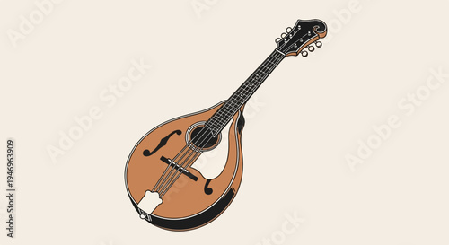 A warm-toned, detailed illustration of a mandolin, a stringed musical instrument, on a plain background