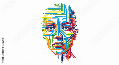 A vibrant, abstract human face formed by an intricate network of colorful lines and dots, suggesting digital intelligence