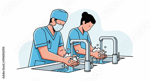 Two medical professionals, one wearing a mask, diligently wash their hands with soap and water at sinks
