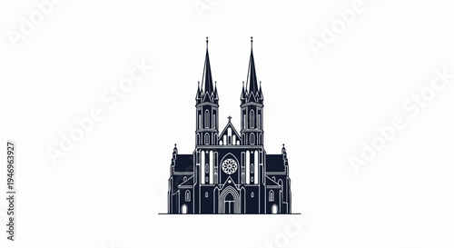 Dark outline illustration of a majestic Gothic cathedral with twin spires on a pristine white background