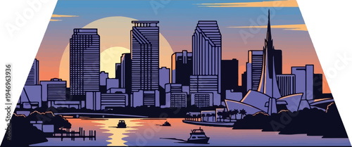 Pixel art cityscape illustration with tall buildings and a modern performing arts center by a river at sunset