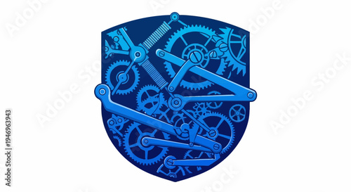 A blue mechanical crest featuring intricate clockwork gears, levers, and springs on a dark background