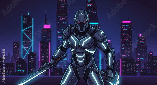 A pixelated futuristic warrior in dark, glowing armor holds two swords before a neon cyberpunk city