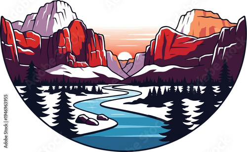 Pixel art illustration of a canyon landscape with a winding river, snow-covered mountains, and a sunset