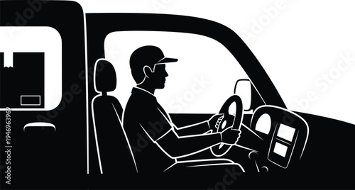 Vector illustration of a man and woman sitting in a car shown as silhouettes in a simple style