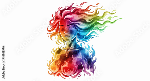 Abstract female bust with closed eyes, surrounded by colorful, flowing flames in a rainbow gradient