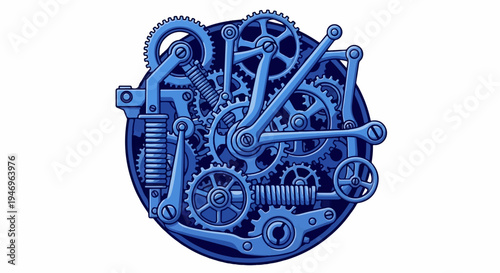 A detailed pixel art illustration of interconnected blue gears, springs, and levers forming a complex mechanical system