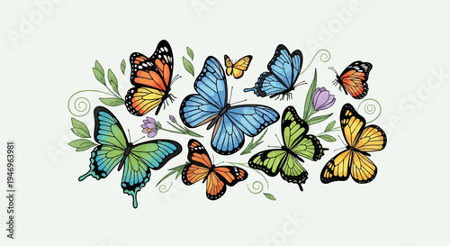 A vibrant cluster of colorful butterflies, leaves, and small flowers in a charming watercolor-style illustration