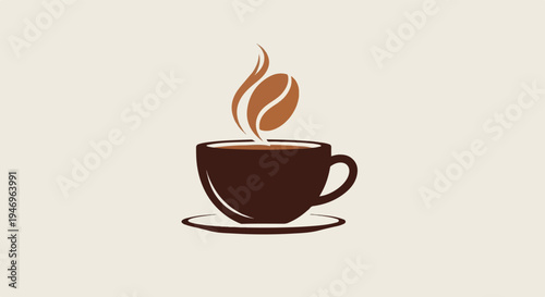 A stylized illustration of a steaming coffee cup with a floating coffee bean on a light background