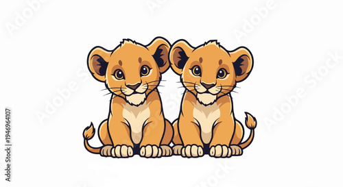 Two adorable cartoon lion cubs with big eyes and playful expressions sitting side by side on white