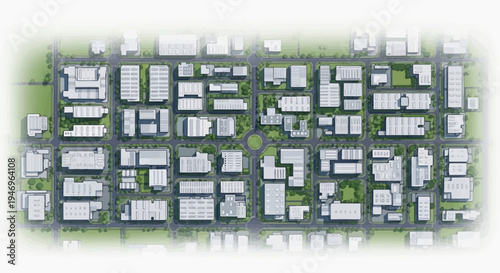 Top-down view of a meticulously planned industrial park with numerous buildings, connecting roads, and green areas