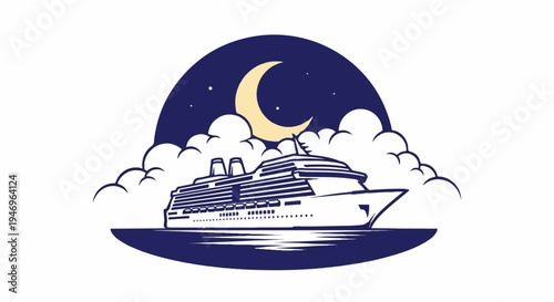 A charming cartoon cruise ship sails across moonlit waters at night, framed by clouds and a starry sky