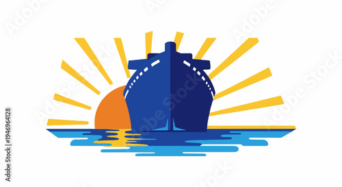 Vibrant flat graphic showing a blue ship on the ocean, with an orange sun rising/setting behind it