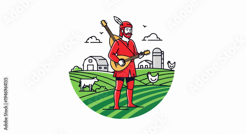 A man in red plays stringed instruments on a farm with barns, silo, cow, and chickens in green fields