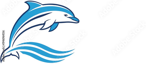 Dynamic illustration of a blue and white dolphin leaping gracefully above stylized waves on a clean background