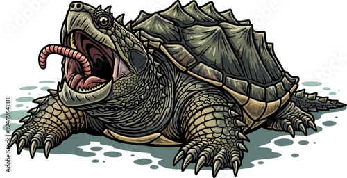 A detailed illustration of a snapping turtle with its mouth wide open, showing a worm-like lure