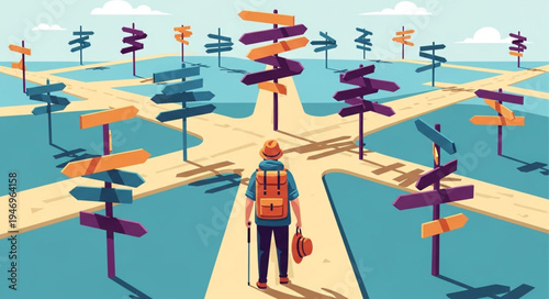 Man standing at crossroads decision.