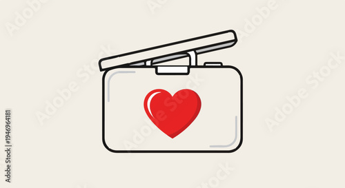 An open, stylized first aid kit icon featuring a prominent red heart on its front against a plain background