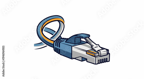 Illustration of a blue and orange Ethernet cable with an RJ45 connector, looped. White background