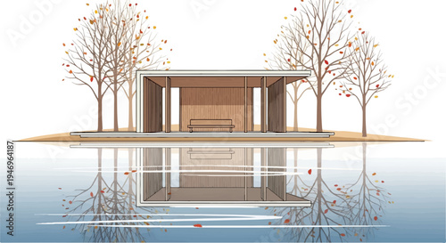 Minimalist wooden pavilion by a calm lake with autumnal trees and reflections, falling leaves