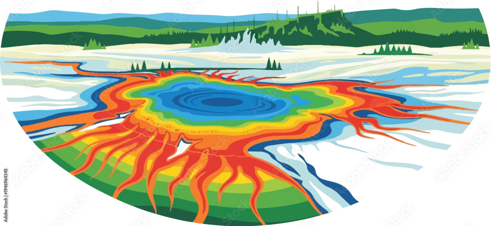 Obraz premium Vibrant illustration of a natural hot spring with colorful mineral deposits, surrounded by mountains and trees