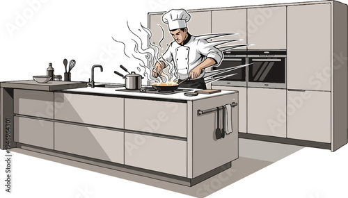 A male chef in uniform cooks vigorously on a modern kitchen island, steam rising from the pan