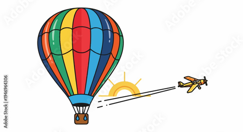 A colorful hot air balloon and a small yellow airplane against a white background with a rising sun