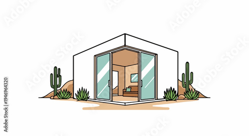 Modern desert dwelling with sliding glass doors, surrounded by cacti and succulents in a minimal style