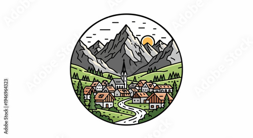 Vibrant illustration of a quaint mountain village nestled in valleys, with a church, houses, road, and sun