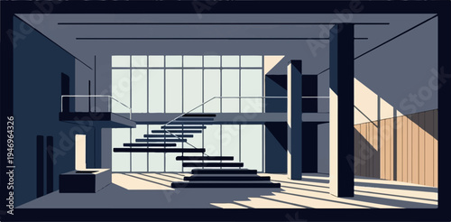 Modern multi-level interior illustration with a floating staircase, large windows, and dramatic sunlight