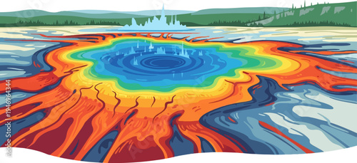 Vibrant pixel art illustration of a colorful hot spring with a geyser erupting in a serene landscape