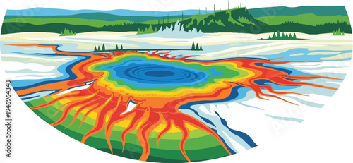 Vibrant illustration of a natural hot spring with colorful mineral deposits, surrounded by mountains and trees
