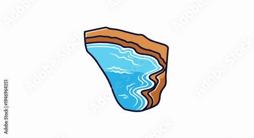 Illustration of a blue water body with undulating brown shorelines, resembling a lake or bay