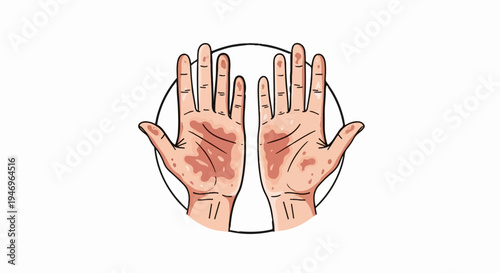 Illustration of two human palms showing a red, irritated skin condition within a circular frame