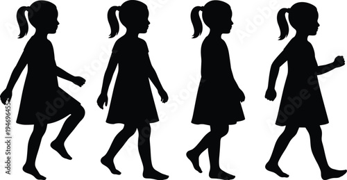 Silhouette set of a little girl walking and marching in different poses, young female child in dress moving, childhood development,