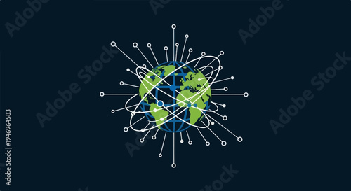 Stylized green and blue globe surrounded by white interconnected lines and circles on a dark background