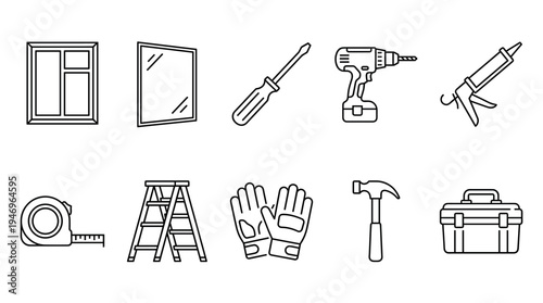 This is a set of flat design icons depicting various tools for home renovation and repair, presented on a clean white background for versatile use.