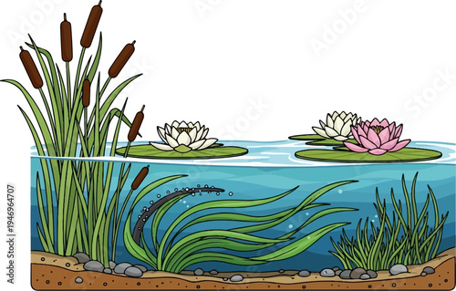 Vibrant illustration of a freshwater pond ecosystem with cattails, water lilies, and submerged plants