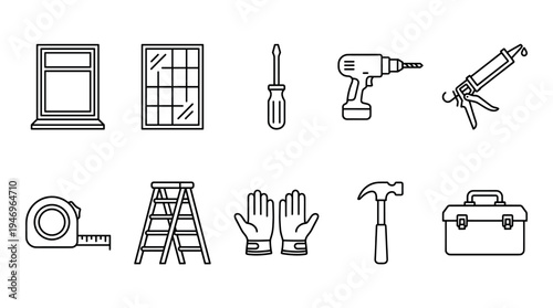 This clean, line art vector graphic collection features various tools and home improvement items, perfect for illustrating DIY projects, renovations, or construction services.