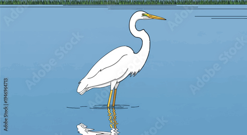 An illustration of a tall, white heron-like bird standing in clear blue water with a green grassy bank